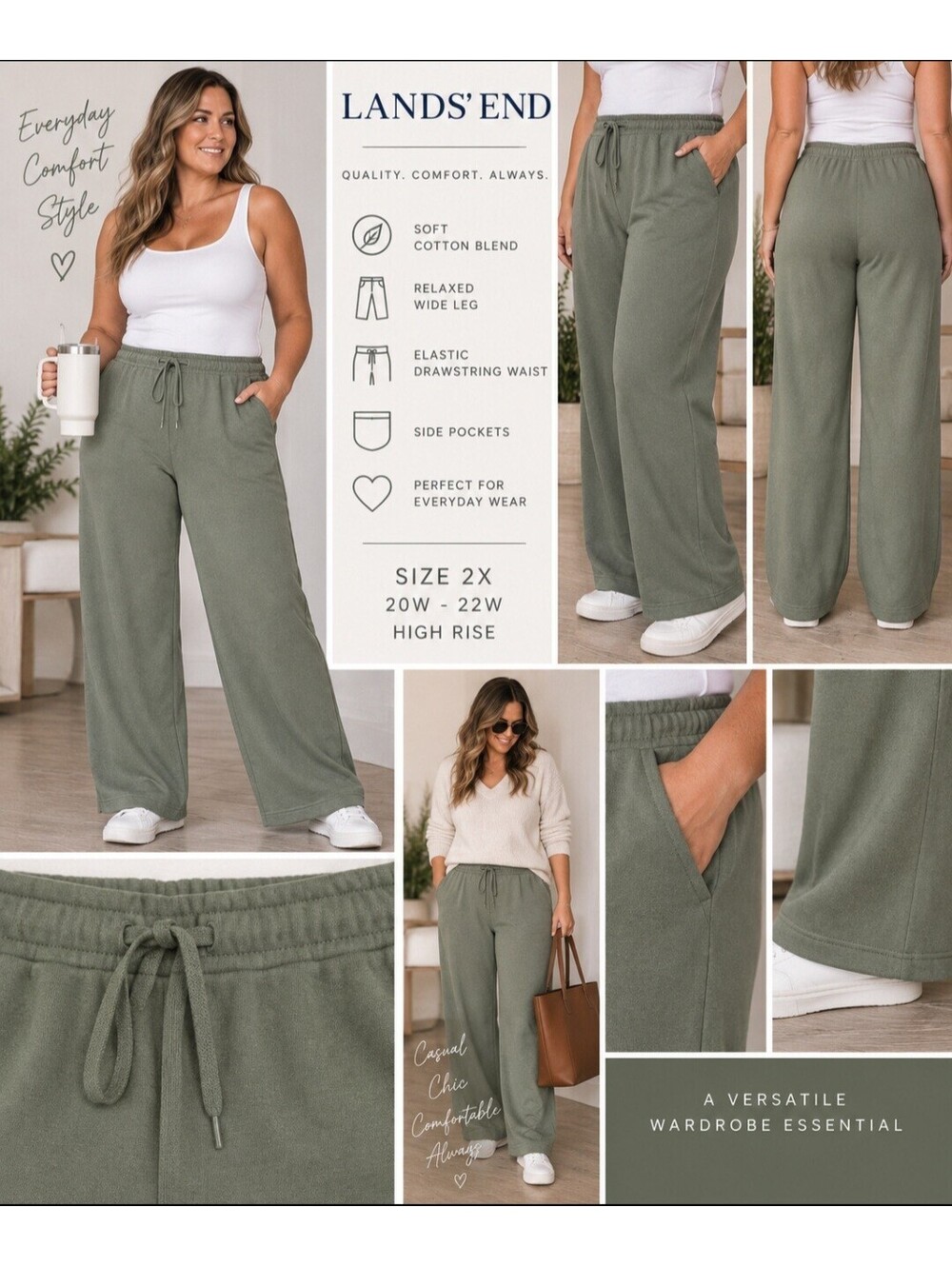 Lands’ End Women’s 2X 20W-22W Olive Green High Rise Wide Leg Pull-On Pants